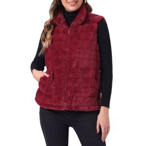 Sleeveless Winter Coat Zip-Up Faux Fur Jacket Red